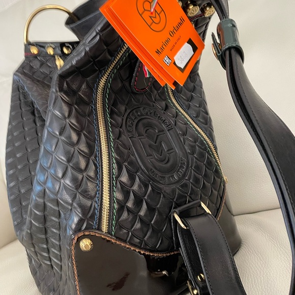 MARINO ORLANDI Italy XL BLACK ShoulderBag/Tote converts to Sling Emboss Leather - Picture 3 of 15